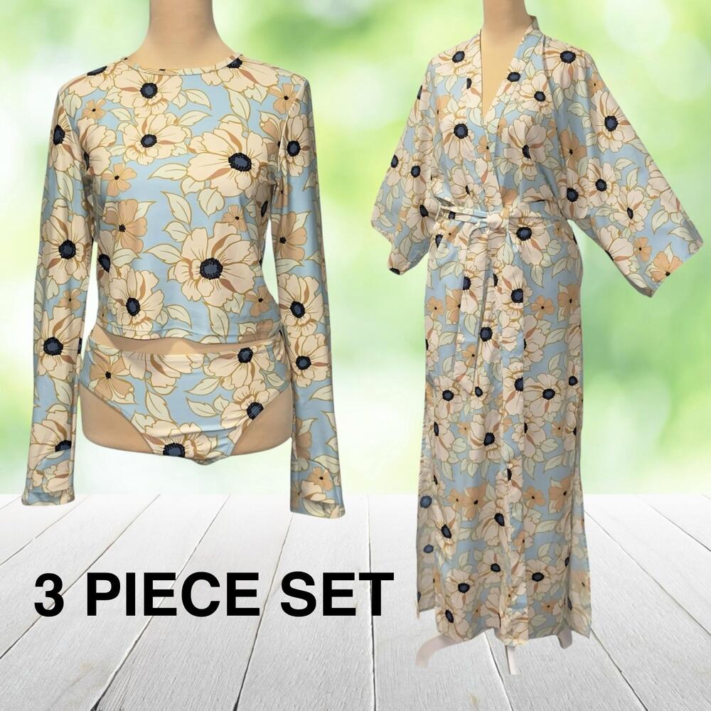 MOTT50 Rash Guard Bikini 3 Piece Set Floral Kimono Cover Up Floral UPF 50+ Sz S